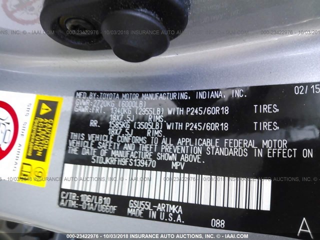 5TDJKRFH9FS139470 - 2015 TOYOTA HIGHLANDER XLE ვერცხლისფერი ფოტო 9