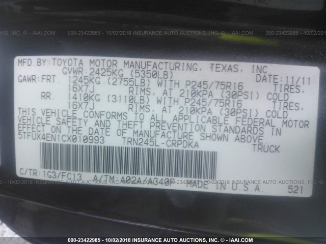 5TFUX4EN1CX010993 - 2012 TOYOTA TACOMA ACCESS CAB Մոխրագույն լուսանկար 9