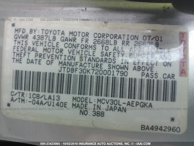 JTDBF30K720001790 - 2002 TOYOTA CAMRY LE/XLE/SE Күміс фото 9