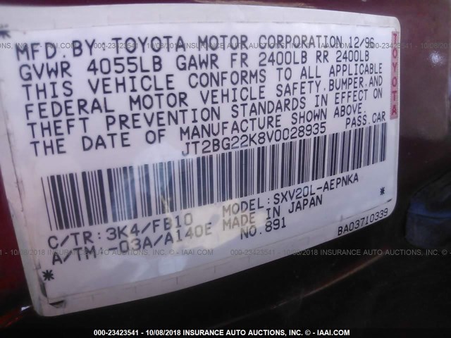 JT2BG22K8V0028935 - 1997 TOYOTA CAMRY LE/XLE BURGUNDY photo 9