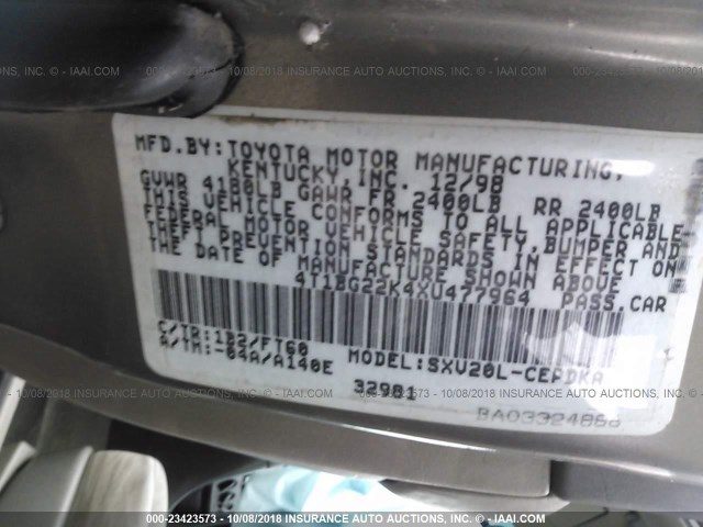 4T1BG22K4XU477964 - 1999 TOYOTA CAMRY CE/LE/XLE თაფლისფერი ფოტო 9