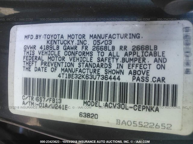 4T1BE32K63U736444 - 2003 TOYOTA CAMRY LE/XLE/SE Açıq mavi foto 9