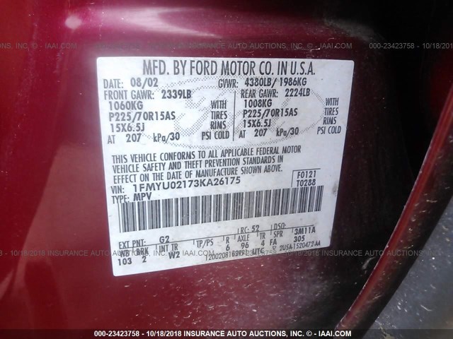 1FMYU02173KA26175 - 2003 FORD ESCAPE XLS RED photo 9