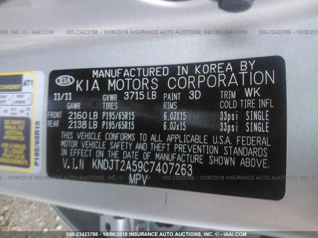 KNDJT2A59C7407263 - 2012 KIA SOUL SILVER photo 9