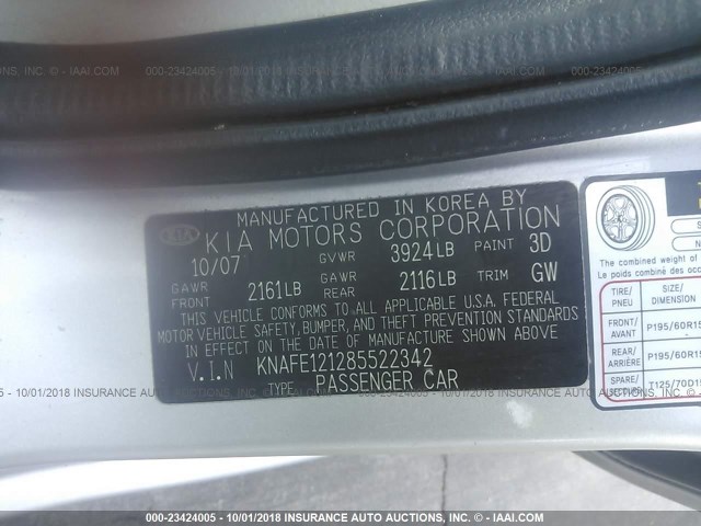 KNAFE121285522342 - 2008 KIA SPECTRA EX/LX/SX SILVER photo 9