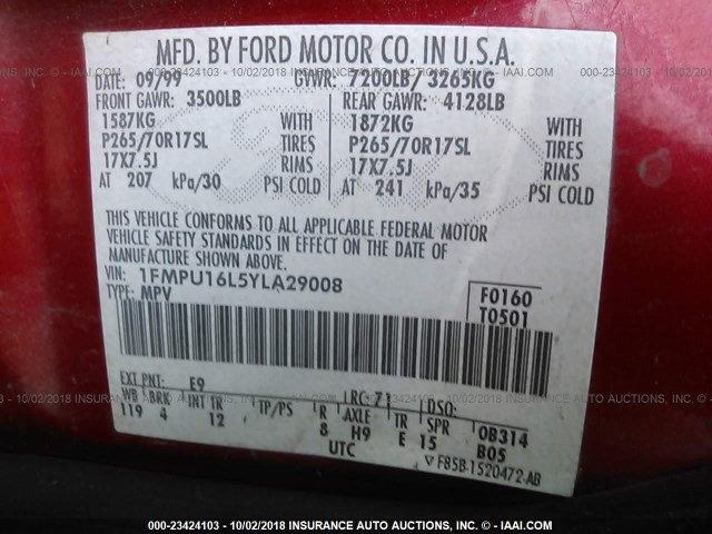 1FMPU16L5YLA29008 - 2000 FORD EXPEDITION XLT RED photo 9