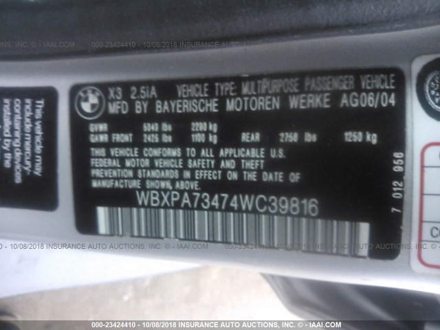 WBXPA73474WC39816 - 2004 BMW X3 2.5I SILVER photo 9