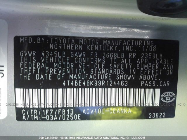 4T4BE46K99R124463 - 2009 TOYOTA CAMRY SE/LE/XLE 银色 照片 9