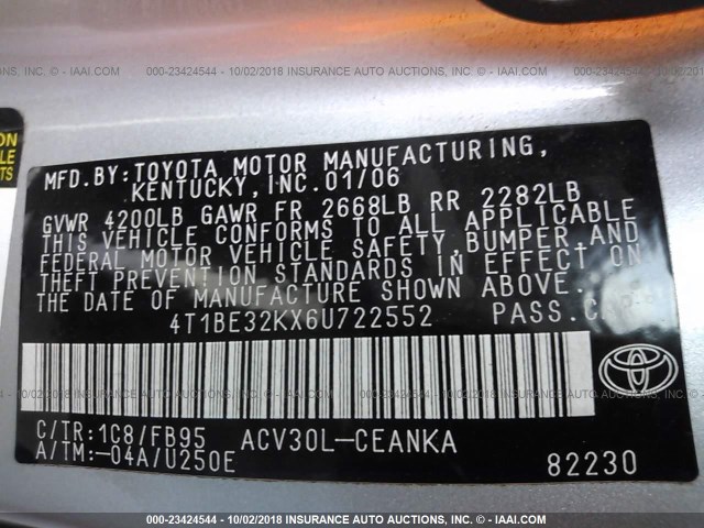 4T1BE32KX6U722552 - 2006 TOYOTA CAMRY LE/XLE/SE SILVER photo 9