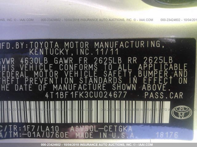 4T1BF1FK3CU024677 - 2012 TOYOTA CAMRY SE/LE/XLE SILVER photo 9
