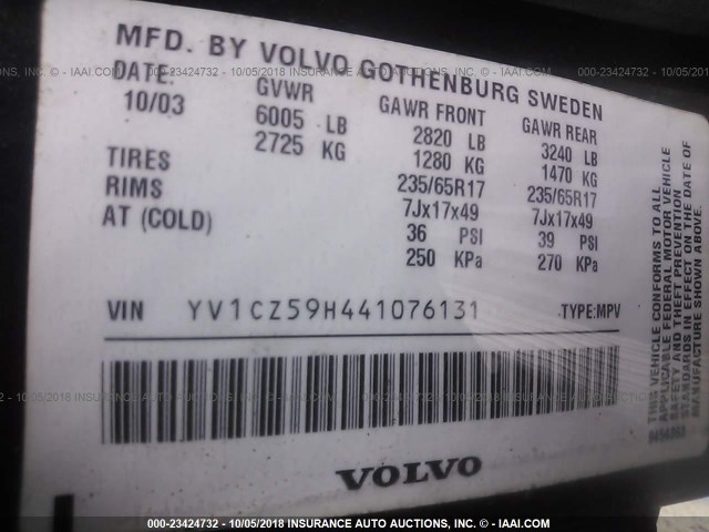 YV1CZ59H441076131 - 2004 VOLVO XC90 BLUE photo 9