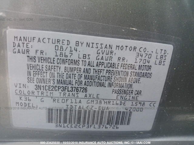 3N1CE2CP3FL376726 - 2015 NISSAN VERSA NOTE S/S PLUS/SV/SL/SR GRAY photo 9