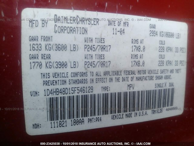 1D4HB48D15F546129 - 2005 DODGE DURANGO SLT RED photo 9