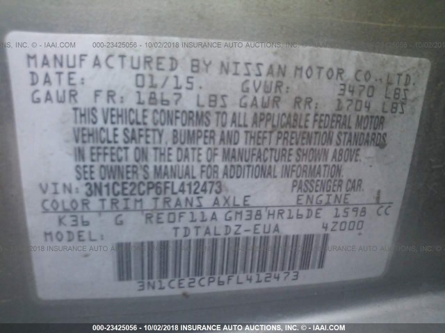 3N1CE2CP6FL412473 - 2015 NISSAN VERSA NOTE S/S PLUS/SV/SL/SR GRAY photo 9