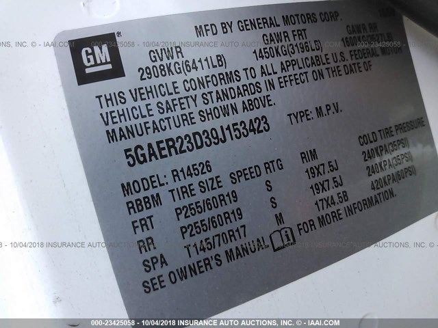 5GAER23D39J153423 - 2009 BUICK ENCLAVE CXL Blanc photo 9