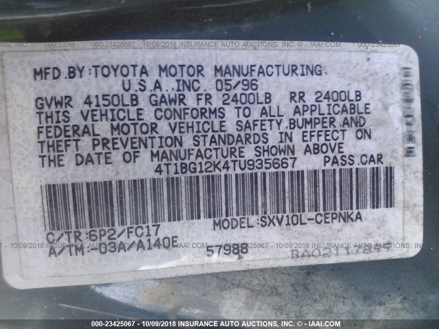 4T1BG12K4TU935667 - 1996 TOYOTA CAMRY DX/LE/XLE GREEN photo 9