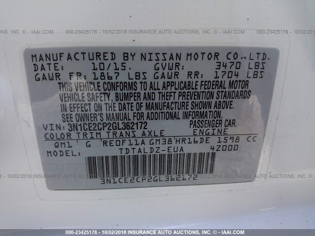 3N1CE2CP2GL362172 - 2016 NISSAN VERSA NOTE S/S PLUS/SV/SL/SR WHITE photo 9