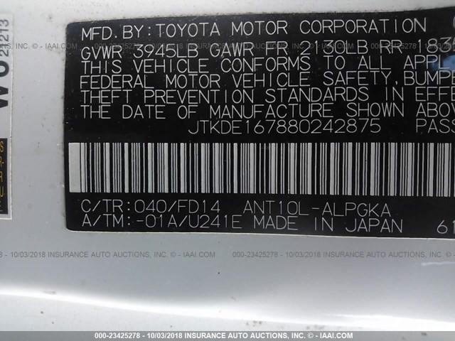 JTKDE167880242875 - 2008 TOYOTA SCION TC 白色 照片 9
