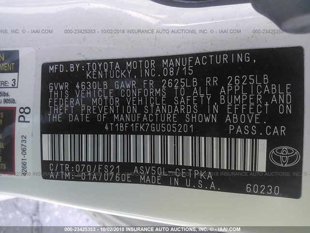 4T1BF1FK7GU505201 - 2016 TOYOTA CAMRY LE/XLE/SE/XSE WHITE photo 9