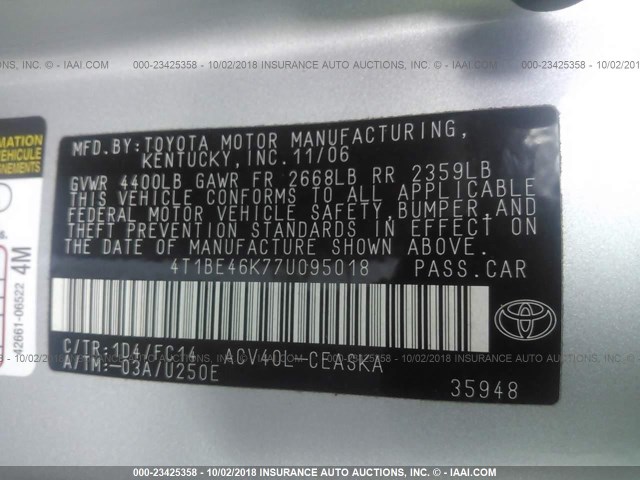 4T1BE46K77U095018 - 2007 TOYOTA CAMRY NEW GENERAT CE/LE/XLE/SE SILVER photo 9