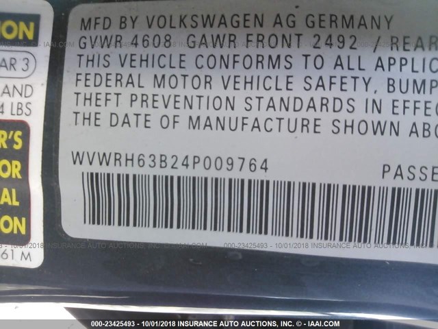 WVWRH63B24P009764 - 2004 VOLKSWAGEN PASSAT GLX GRAY photo 9