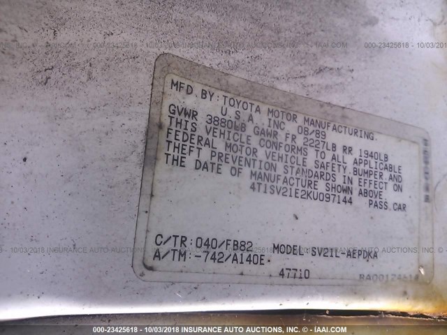 4T1SV21E2KU097144 - 1989 TOYOTA CAMRY DLX თეთრი ფოტო 9