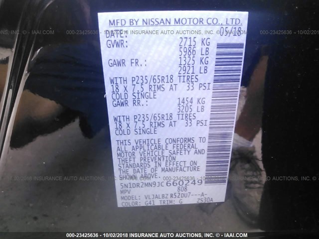 5N1DR2MN9JC660249 - 2018 NISSAN PATHFINDER S/SV/SL/PLATINUM BLACK photo 9