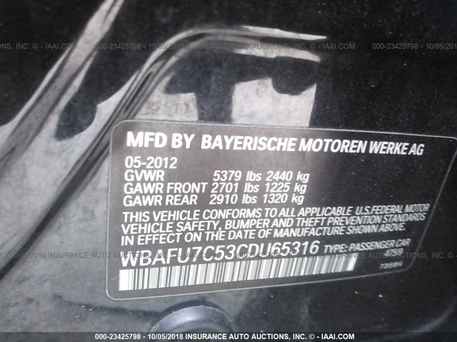 WBAFU7C53CDU65316 - 2012 BMW 535 XI BLACK photo 9