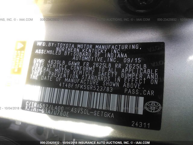 4T4BF1FK5GR523783 - 2016 TOYOTA CAMRY LE/XLE/SE/XSE 灰色 照片 9