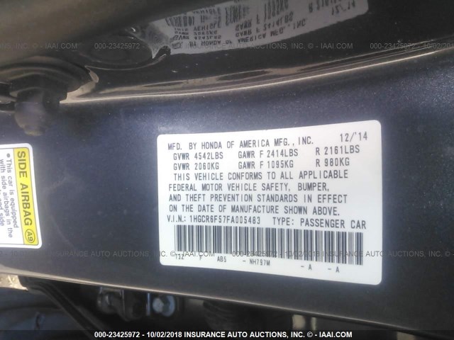 1HGCR6F57FA005483 - 2015 HONDA ACCORD HYBRID/EXL GRAY photo 9