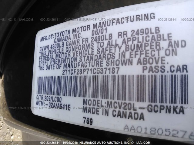 2T1CF28P71C537187 - 2001 TOYOTA CAMRY SOLARA SE/SLE შავი ფოტო 9