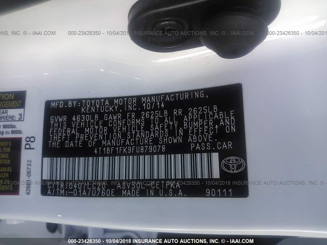 4T1BF1FK9FU879078 - 2015 TOYOTA CAMRY LE/XLE/SE/XSE 白色 照片 9