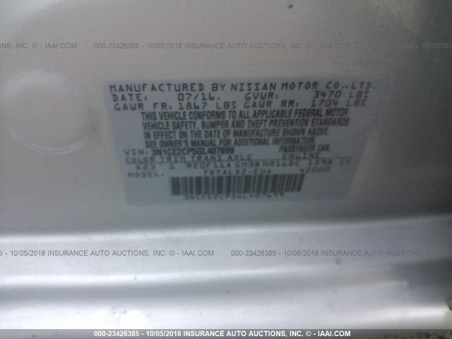 3N1CE2CP5GL407699 - 2016 NISSAN VERSA NOTE S/S PLUS/SV/SL/SR GRAY photo 9