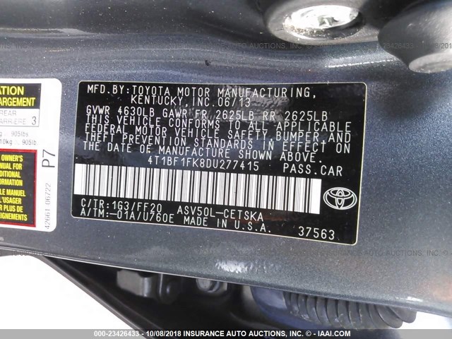 4T1BF1FK8DU277415 - 2013 TOYOTA CAMRY L/SE/LE/XLE ნაცრისფერი ფოტო 9