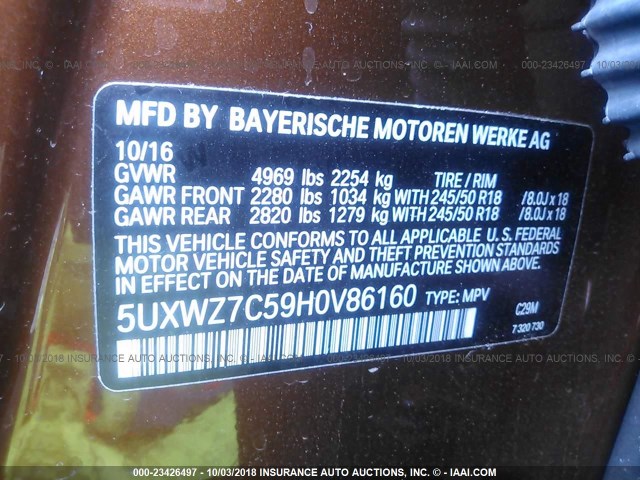 5UXWZ7C59H0V86160 - 2017 BMW X3 SDRIVE28I BROWN photo 9