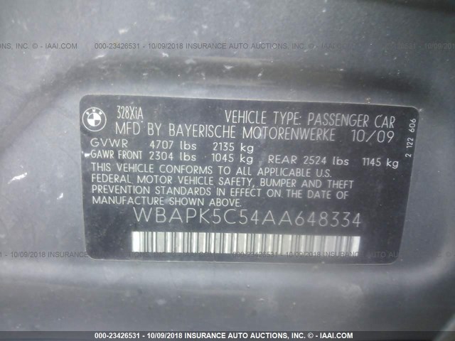 WBAPK5C54AA648334 - 2010 BMW 328 XI SULEV GRAY photo 9