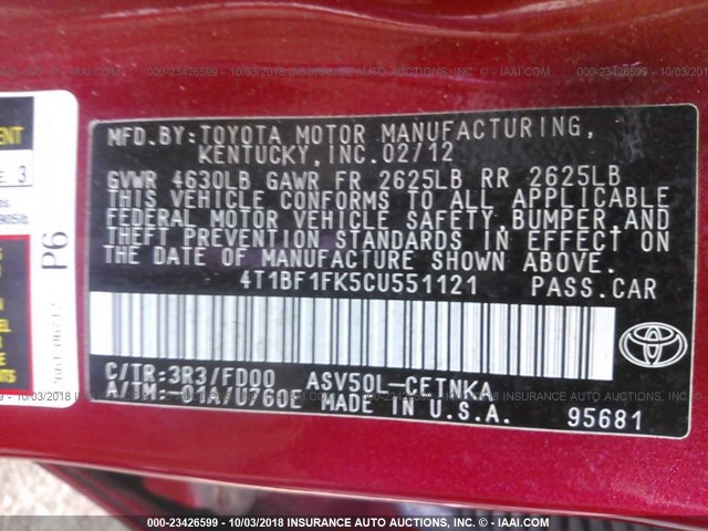 4T1BF1FK5CU551121 - 2012 TOYOTA CAMRY SE/LE/XLE RED photo 9
