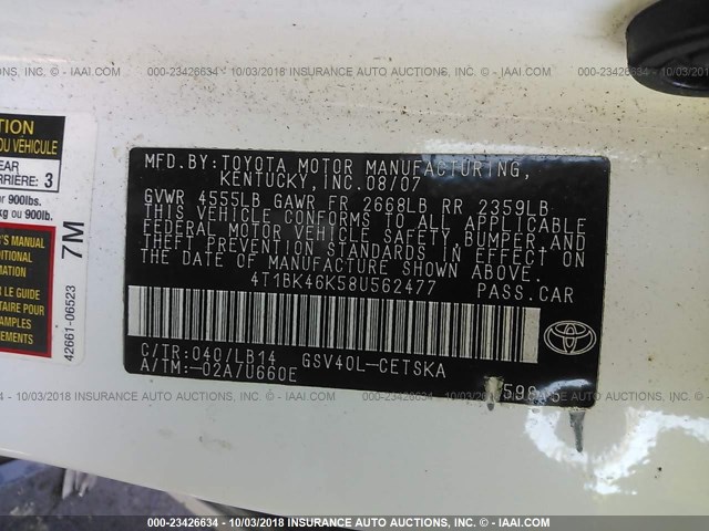 4T1BK46K58U562477 - 2008 TOYOTA CAMRY LE/XLE/SE WHITE photo 9