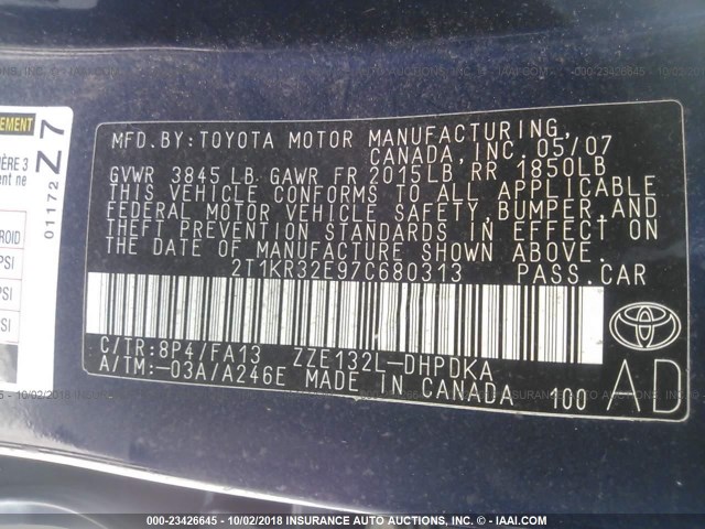 2T1KR32E97C680313 - 2007 TOYOTA COROLLA MATRIX XR BLUE photo 9