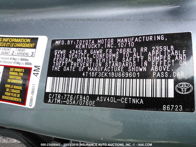 4T1BF3EK1BU669601 - 2011 TOYOTA CAMRY SE/LE/XLE მწვანე ფოტო 9