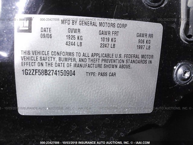 1G2ZF58B274150904 - 2007 PONTIAC G6 VALUE LEADER/BASE BLACK photo 9