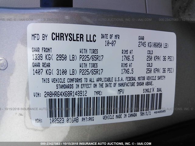2A8HR64X68R148912 - 2008 CHRYSLER TOWN & COUNTRY LIMITED WHITE photo 9