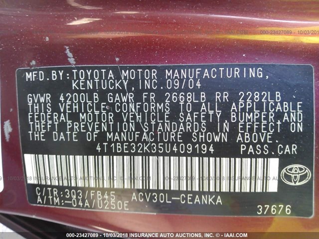 4T1BE32K35U409194 - 2005 TOYOTA CAMRY LE/XLE/SE Қызыл фото 9