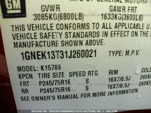 1GNEK13T31J260021 - 2001 CHEVROLET TAHOE K1500 RED photo 9