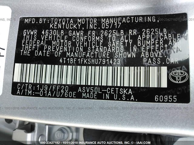 4T1BF1FK5HU791423 - 2017 TOYOTA CAMRY LE/XLE/SE/XSE 银色 照片 9