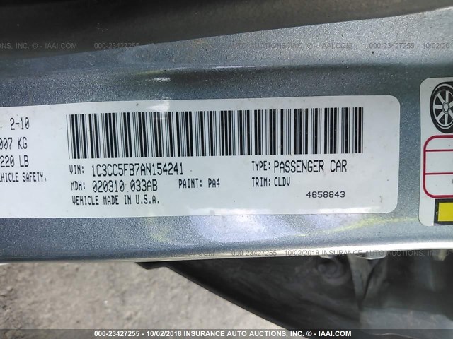 1C3CC5FB7AN154241 - 2010 CHRYSLER SEBRING LIMITED GRAY photo 9