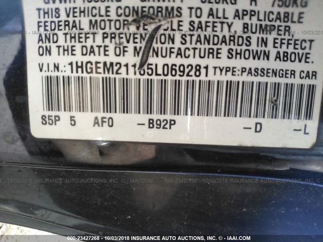 1HGEM21185L069281 - 2005 HONDA CIVIC DX VP BLACK photo 9