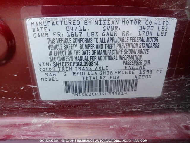 3N1CE2CP3GL399814 - 2016 NISSAN VERSA NOTE S/S PLUS/SV/SL/SR RED photo 9