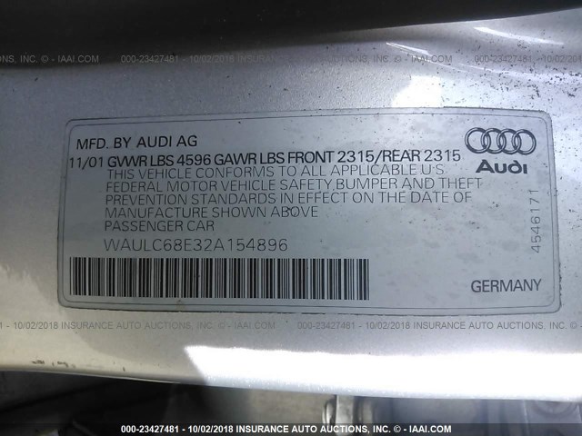 WAULC68E32A154896 - 2002 AUDI A4 1.8T QUATTRO SILVER photo 9