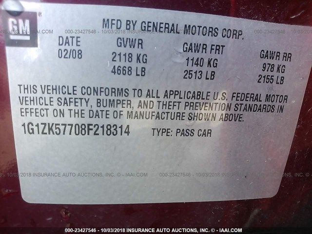 1G1ZK57708F218314 - 2008 CHEVROLET MALIBU LTZ 红色 照片 9